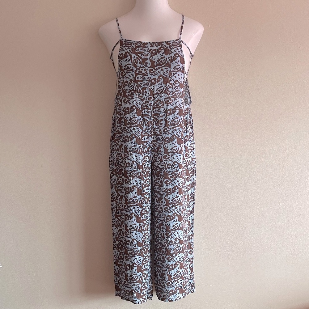 Sleeveless Brown & Light Blue Printed Jumpsuit